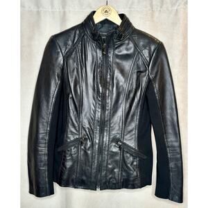 Jones New York Black Genuine Leather Jacket Womens Small Moto Zip Front